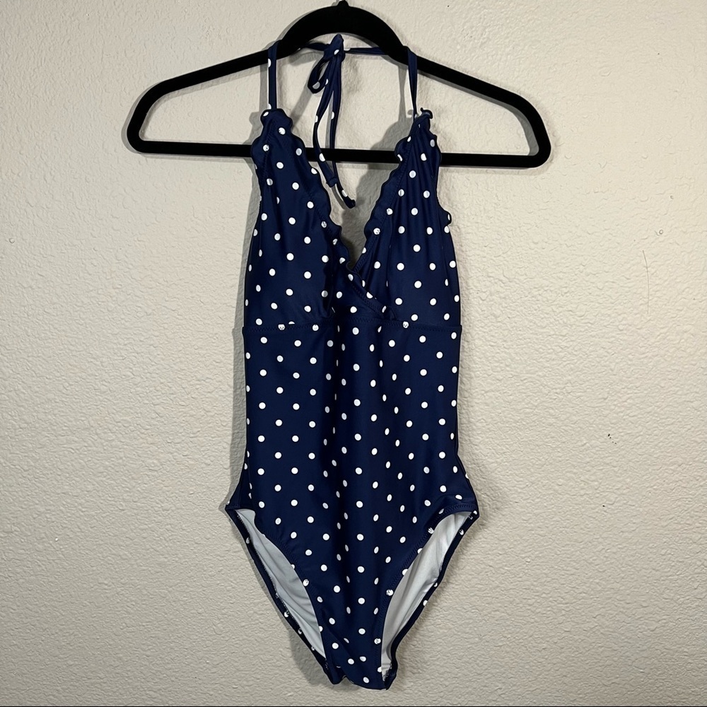 𝅺*Old Navy Halter One-Piece Navy Blue Bathing Suit w/ White Polka Dots - Size S